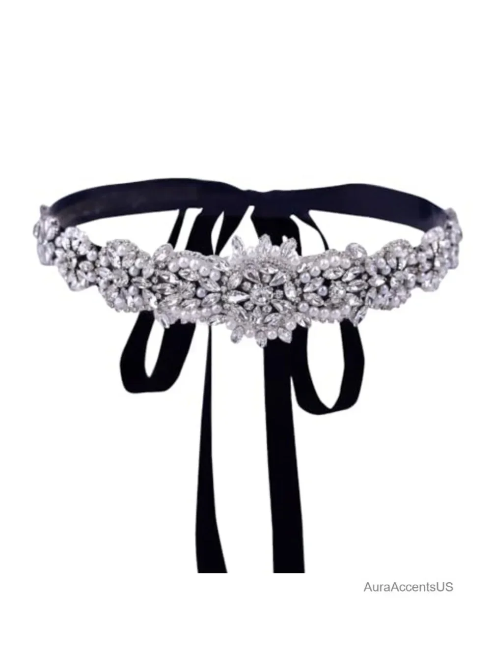 Rhinestone and Pearl Bridal Belt with Ribbon Tie